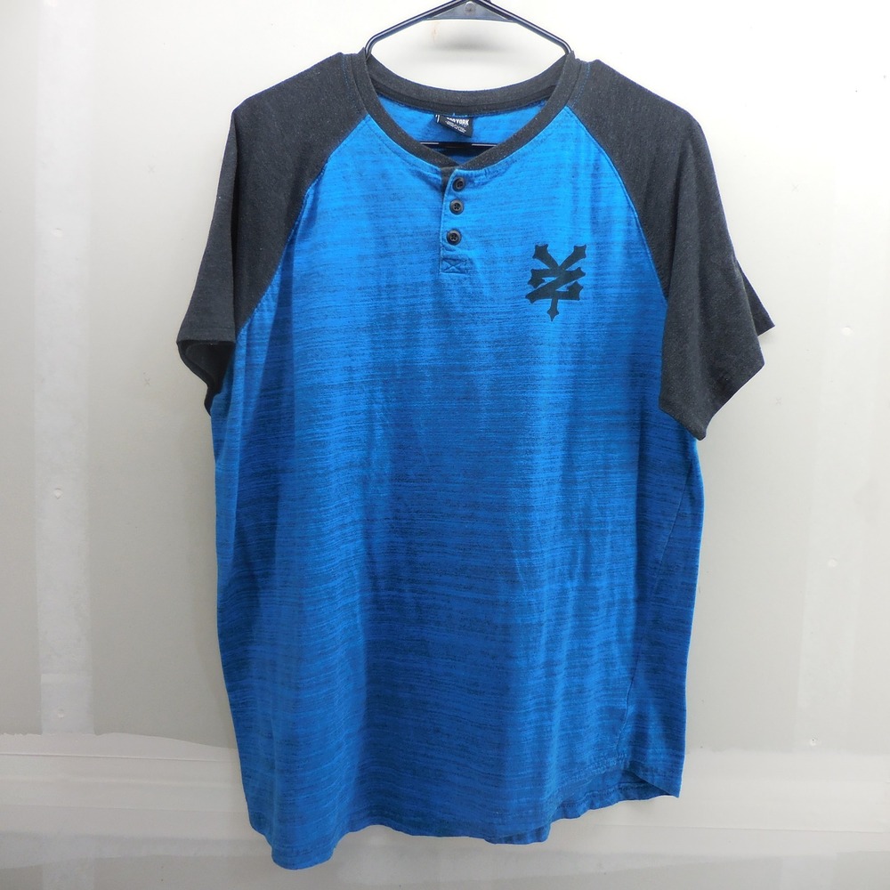 Zoo York Mens XL Henley Shirt Blue Space Dye Raglan Short Sleeve Logo Tee